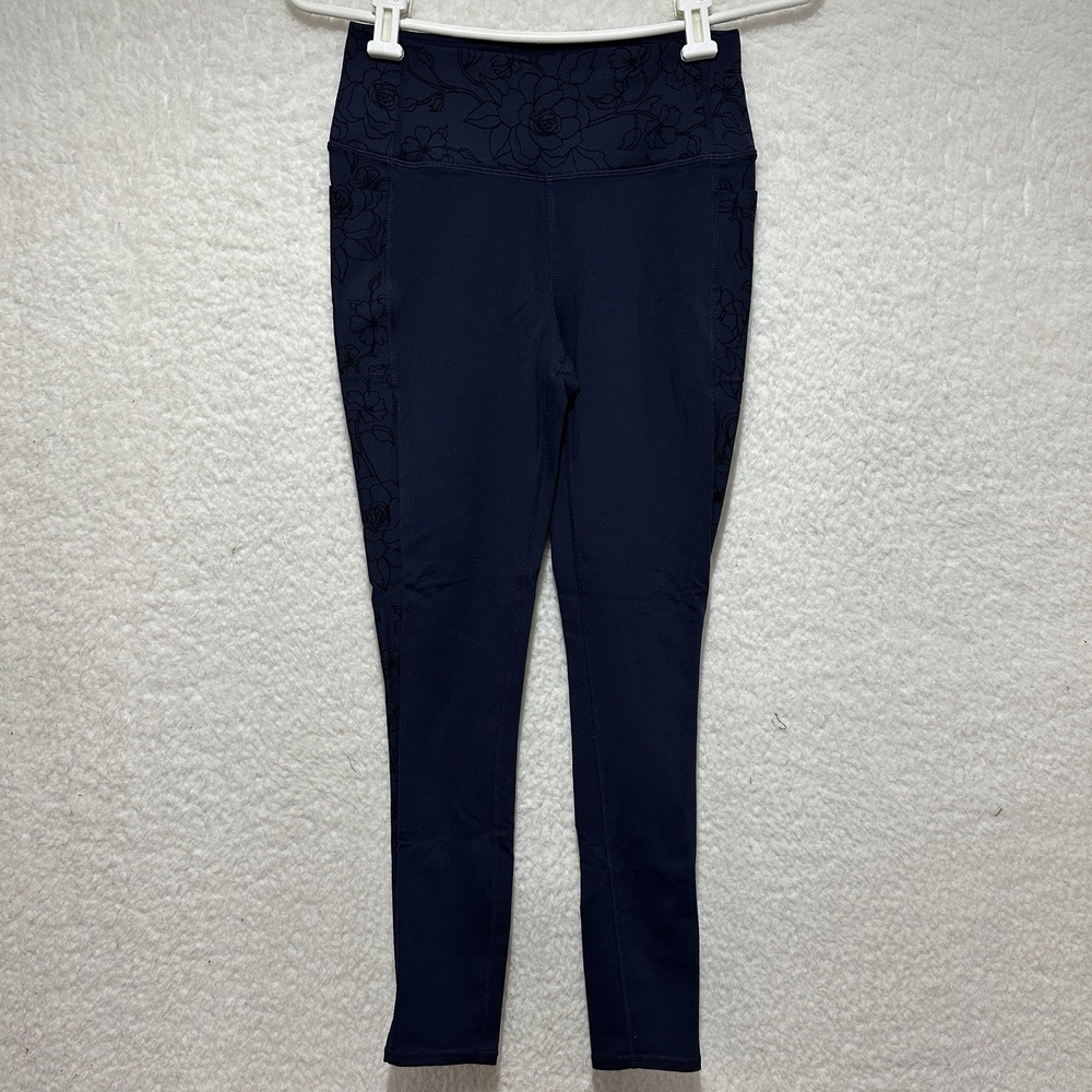 Skechers Womens Legging Blue Floral Elastic‎ Waist Pull On Pockets Logo Size S